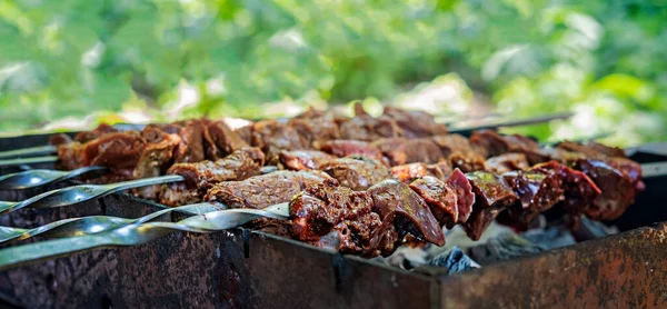 グリルで肉とケバブを調理します バーベキューグリルで調理しました 屋外レクリエーション — ストック写真