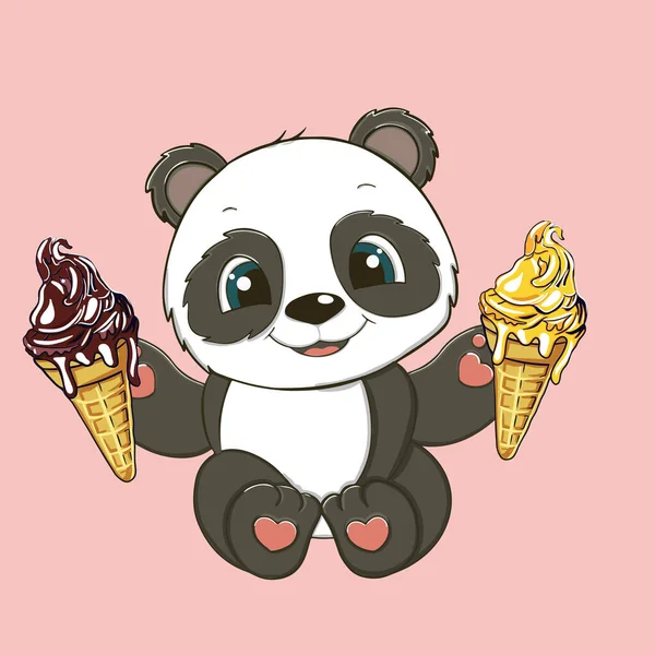 Leuke Cartoon Baby Panda Met Ijs Vectorillustratie — Stockvector