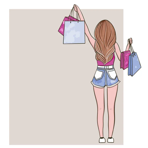 Paketlerinde kıyafet, ayakkabıları indirimde olan afiş taşıyan kız. Arka görünüm kopyalama alanı — Stok Vektör