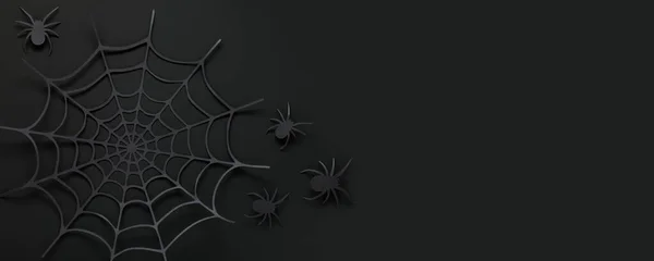 Cadılar Bayramı web afişi. Örümcek ağı ve siyah arka planda kağıttan örümcekler. Üst Manzara. Boşluğu kopyala