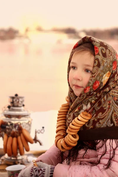 Girl Aheadscarf Sits Bank River Samovar Bagels Drinks Tea Royalty Free Stock Images