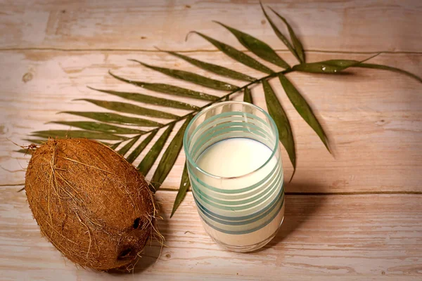 Hindistan cevizi masanın üzerinde bir palmiye yaprağı ve bir bardak hindistan cevizi sütü ile yan yana duruyor..