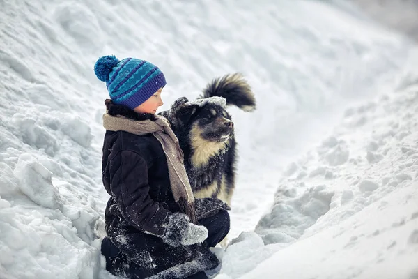Ragazzo Che Gioca Con Cane Inverno — Foto Stock