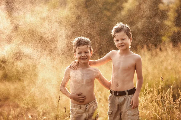 Les Jumeaux Jouent Été Dans Prairie — Photo