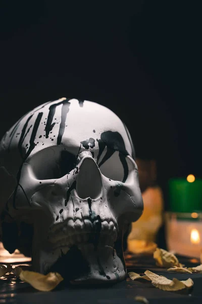 Crânio humano branco decorativo em um cenário misterioso — Fotografia de Stock