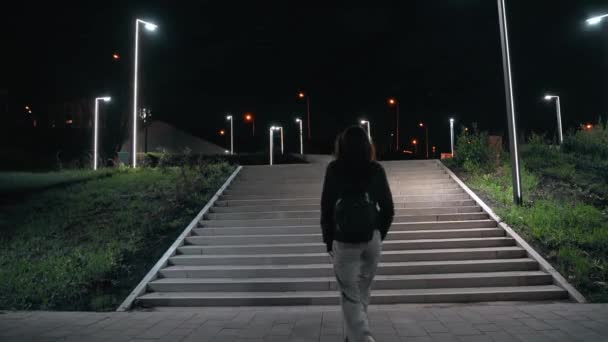 Young woman gently climbs the high stairs in the night park — Stock Video