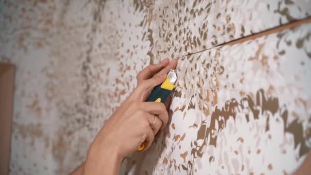 The girl neatly cuts off an extra piece of wallpaper from the wall — Stock Video