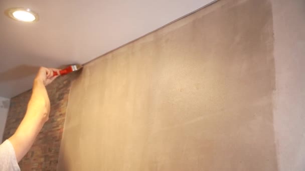 Un homme tient un pinceau dans ses mains et couvre le mur de mastic avec de la colle — Video