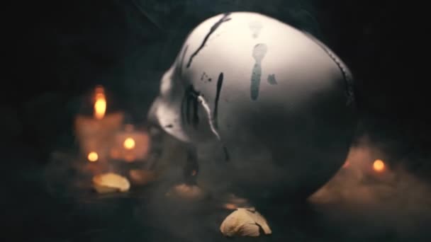 Білий череп у чорних смугах обертається на своїй осі — стокове відео