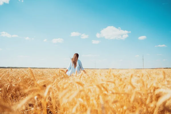 Dziewczyna w jasnej koszuli biegnie przez pole pszenicy w kierunku zachodu słońca, błękitne niebo — Zdjęcie stockowe