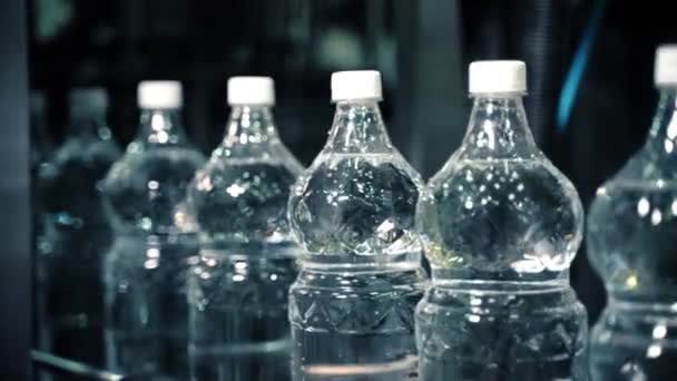 Nouvelles bouteilles en plastique sur un tapis roulant dans une usine d'eau potable. — Video