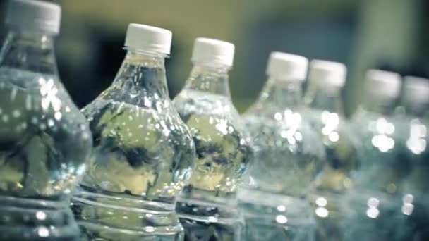 Botellas de un litro y medio de agua limpia viajan en una línea transportadora — Vídeos de Stock