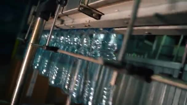 Interieur van de drankenfabriek. Transportband met plastic flessen — Stockvideo