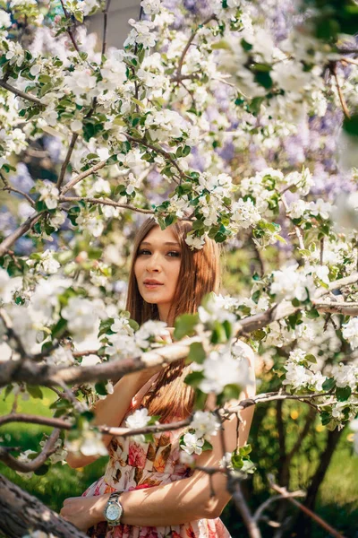 Retrato Uma Linda Garota Bonita Pomares Maçã Florescendo Sorriso Doce — Fotografia de Stock