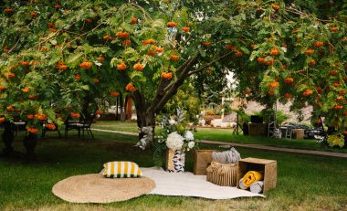 Yeşil çimenlikte yaz pikniği alanı, çiçek aranjmanı, örgü bir halı ve tek kullanımlık terliklerle dolu bir kutu ve bir battaniye.