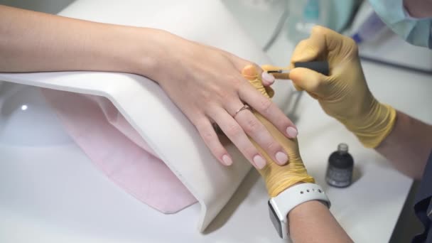 A manicure aplica uma camada delicada de cor para os clientes pregos preparados — Vídeo de Stock