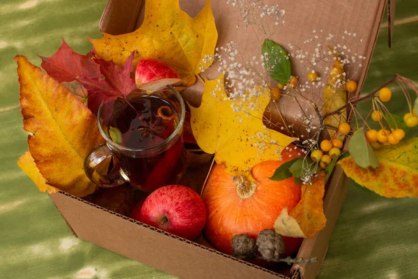 Fall Halloween Thanksgiving season special post delivery box with fruits and vegetables apples pumpkin maple leaves hot mulled wine. For bar autumn specialties promo. — Stock Photo, Image