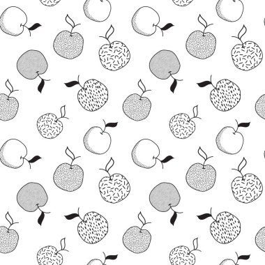 Çizgi film hipster stili kusursuz model vektör çizimi. Noktalı siyah ve beyaz elmalar. Bar restoranı menü reklamları, kart, çiftçiler gıda dekoru, web sitesi tasarımı veya kumaş