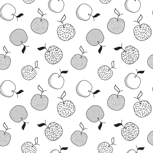 Çizgi film hipster stili kusursuz model vektör çizimi. Noktalı siyah ve beyaz elmalar. Bar restoranı menü reklamları, kart, çiftçiler gıda dekoru, web sitesi tasarımı veya kumaş