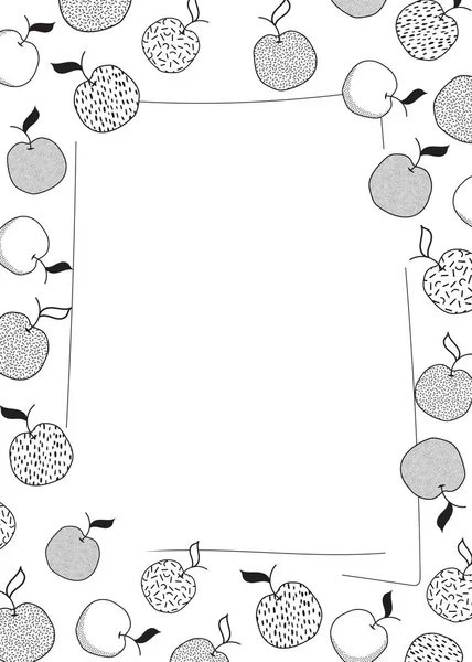 涂鸦卡通人物风格框架边框装饰品插图.有纹理的黑白相间的苹果。酒吧餐厅菜单,卡片,农贸市场食品装饰.供文本使用的空白复制空间 — 图库矢量图片