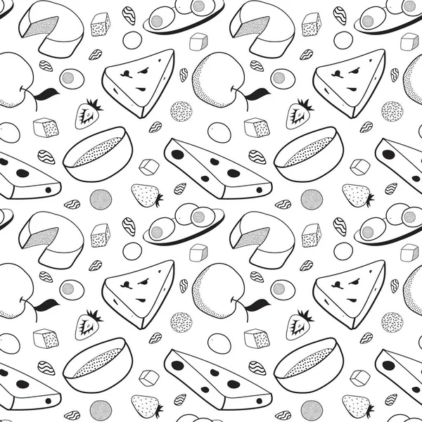 Un patrón perfecto. Doodle dibujos animados estilo hipster ilustración vectorial de color. Quesos italianos y suizos, aceitunas, miel y manzana. Bar restaurante menu ads, poster card, wrapping or textile. — Vector de stock