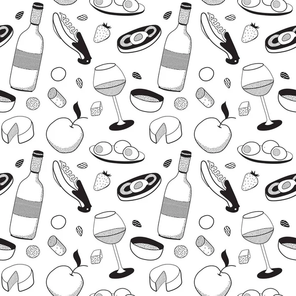 Doodle stile cartone animato hipster modello bianco e nero vettore senza soluzione di continuità. Bicchiere di vino, bottiglia e antipasti. Per menu o annunci enoturistici, carte, decorazioni alimentari per il mercato agricolo, design del sito web o tessuto. — Vettoriale Stock