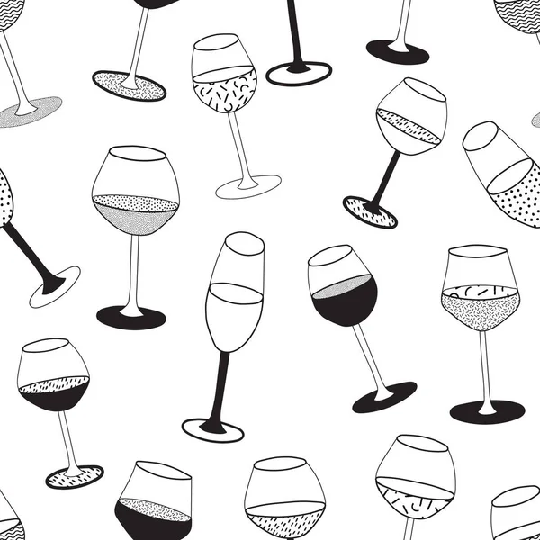 Dibujos animados Doodle estilo hipster vector blanco y negro sin costura ilustración patrón. Variedad de copas de vino. Bar restaurante menú anuncios decoración, cartel o tarjeta, tela textil papel pintado diseño. — Archivo Imágenes Vectoriales