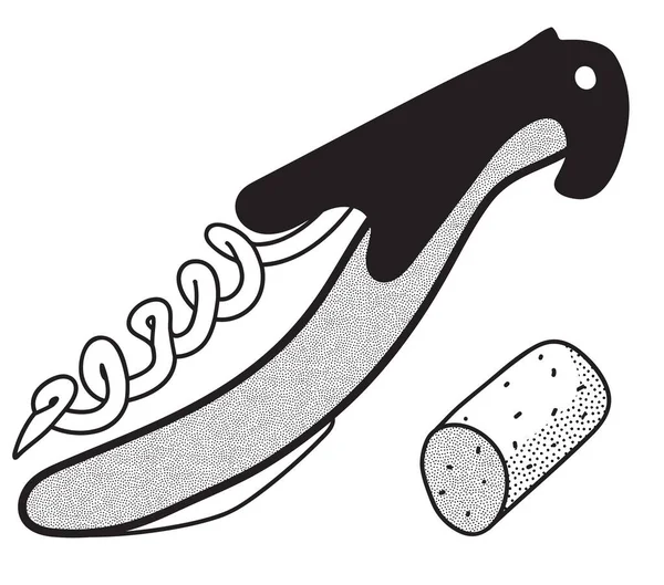 Dibujo Doodle estilo hipster ilustración vectorial en blanco y negro. Una herramienta profesional de corchete camarero accesorio y un ladrón. Bueno para vinoteca restaurante menú decoración o anuncios. — Vector de stock