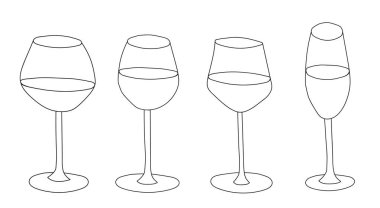 Doodle çizgi film hipster tarzı siyah beyaz vektör illüstrasyon koleksiyonu seti. Kırmızı pembe beyaz şarap kadehlerinin çeşitleri. Bar restoranı menü reklamları, poster veya kart, kumaş tekstil duvar kağıdı tasarımı.