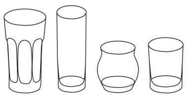 El çizimi, karikatür çizimi, vektör çizimi. Kokteyl bardakları koleksiyonu, eski moda içki, duble viski ve Collins..