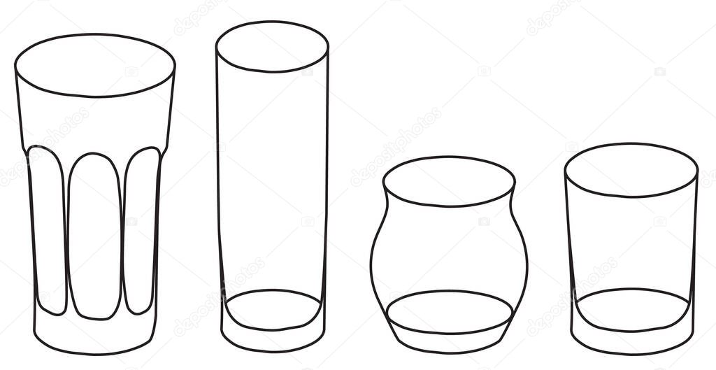 Stylish hand-drawn doodle cartoon style vector illustration. Collection of tumbler bar cocktail glasses including highball old fashioner double whiskey rocks and Collins.