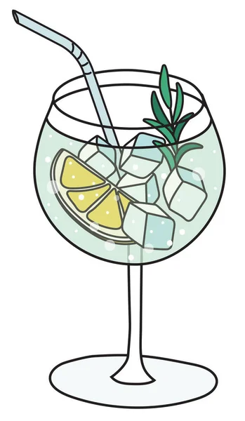 Stylish hand-drawn doodle cartoon style gin tonic in balloon cocktail glass garnished with lemon and rosemary branch vector illustration. —  Vetores de Stock