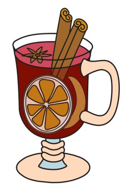 El çizimi, karikatür çizimi, vektör çizimi. Sıcak kış baharatlı içki. Tarçın, yıldız anason ve portakal aromalı özel bardakta sıcak şarap kokteyli.