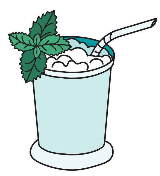 Elegante dibujado a mano doodle estilo de dibujos animados Menta Julep cóctel metal cromo taza de plata con una ilustración vector de paja. Para tarjetas de fiesta, invitaciones, carteles, menú de bar o receta de libro de cocina de alcohol. — Archivo Imágenes Vectoriales