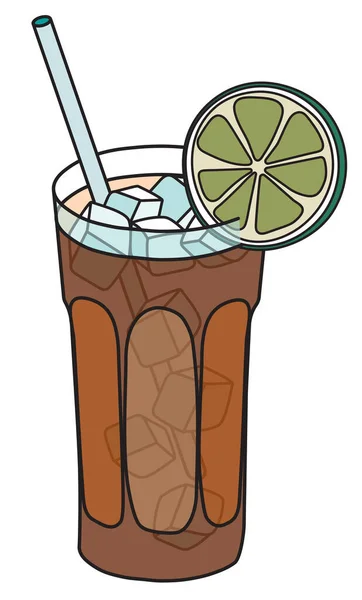 Elegante estilo dibujado a mano de dibujos animados de garabatos Long Island Iced Tea o Cuba Libre cóctel. Un vaso de refresco o refresco adornado con lima. Ilustración vectorial para menú de bar o receta de libro de cocina de alcohol. — Archivo Imágenes Vectoriales