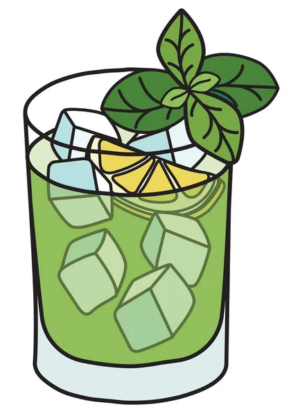 Stylish hand-drawn doodle cartoon hipster style cool fresh green gin basil smash cocktail garnished with lime rosemary and berries. Vector illustration good for bar menu, alcohol cook book recipe — Stock Vector