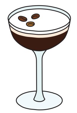 El yapımı karalama karikatür stili Espresso Martini kokteyl çizimi. Parti kartı, davetiyeler, posterler, bar menüsü veya alkol tarifi için.