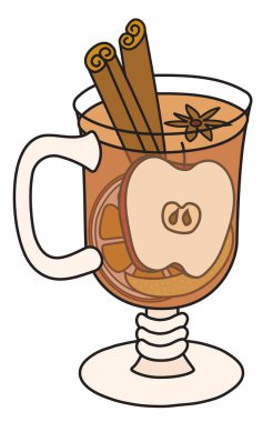 El çizimi, karikatür çizimi, vektör çizimi. Sıcak kış baharatlı elma şırası, toddy, beyaz şarap kokteyli tarçın, yıldız anason ve portakalla süslenmiş özel bardakta..