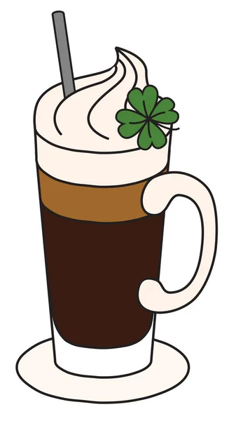 スタイリッシュな手描きのドア漫画スタイル暑い冬の甘いアイルランドのコーヒーカクテルは ハードクリームと4葉のクローバーで飾られています カード バーメニューやアルコール料理本のレシピのためのベクトルイラスト — ストックベクタ