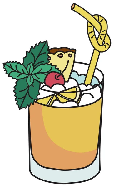 Elegante illustrazione vettoriale in stile cartone animato doodle disegnato a mano. Dolce cocktail Tiki Mai Tai caraibico in vetro highball rocce guarnito con fetta di limone, ciliegia, ananas e foglie di menta — Vettoriale Stock