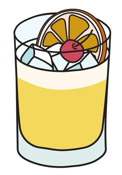 威士忌Sour IBA鸡尾酒。色彩艳丽的手绘涂鸦卡通片风格的黄色饮料，装在装饰有橙色和樱桃矢量图案的石杯中. — 图库矢量图片