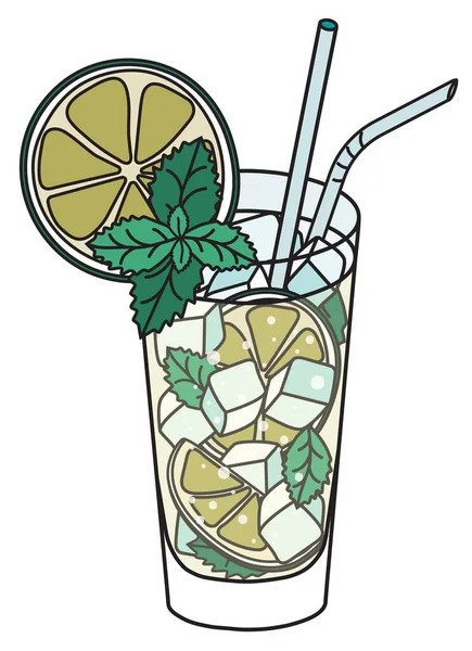 Cocktail Mojito IBA. Elegante bevanda verde in stile cartoon doodle disegnato a mano servita in un bicchiere highball guarnito con menta e fette di illustrazione vettoriale di lime. — Vettoriale Stock
