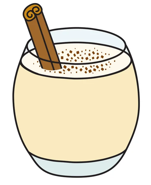 Cóctel de ponche de huevo o leche de huevo. Elegante dibujado a mano doodle estilo de dibujos animados blanco Navidad invierno caliente bebida en un vaso de rocas adornado con palo de canela y cacao. — Archivo Imágenes Vectoriales