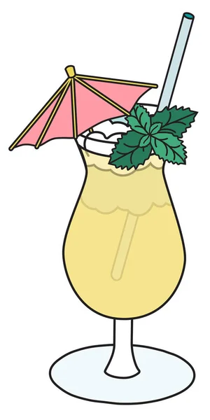 Zombie yellow cocktail in hurricane glass with ice crush. Garnished with umbrella and mint. Stylish hand-drawn doodle cartoon hipster style vector illustration good for bar menu cook book recipe — Stock Vector