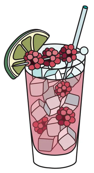Floradora classic long cocktail in highball glass. Ozdobiona malinami i limonką. Stylowy ręcznie rysowane doodle kreskówki hipster styl wektor ilustracji dobre dla menu bar, przepis książki kucharz — Wektor stockowy