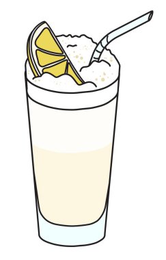 Ramos Fizz klasik IBA uzun kokteylleri viski bardağında listeledi. Bir dilim limonla süslenmiş. El yapımı karalama çizgi film hipster stili vektör çizimi bar menüsü için iyi, yemek kitabı tarifi