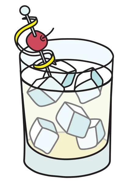 Gin Fizz clásico IBA enumerado cóctel inolvidable en vidrio de rocas. Bebida transparente sobre hielo adornada con limón y cereza. Elegante dibujado a mano doodle dibujos animados hipster estilo vector ilustración — Archivo Imágenes Vectoriales