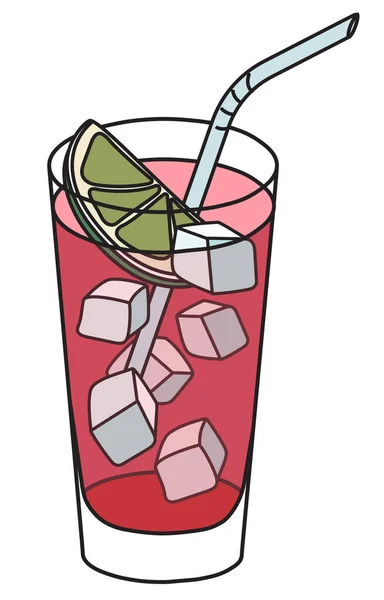 Cocktail lungo a base di tequila El Diablo in vetro highball. Bevanda rossa guarnita con fetta di lime. Elegante disegno a mano doodle stile cartone animato vettoriale illustrazione buona per il menu bar, ricetta libro di cucina — Vettoriale Stock
