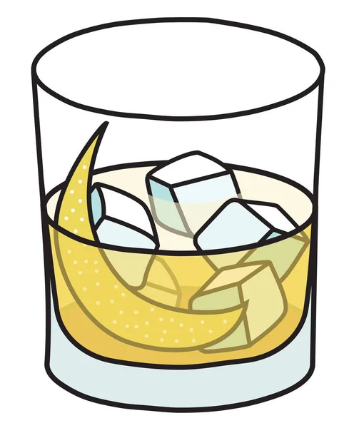 Rusty Nail Classic IBA listad oförglömlig cocktail i stenglas. Whisky och honung sprit baserad gul dryck garnerad med citron skal. Snygg handritad doodle tecknad stil vektor illustration — Stock vektor