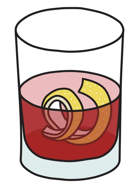Sazerac klassiker IBA listad oförglömlig cocktail i stenglas. Cognac och Absinthe baserad röd dryck garnerad med citron twist. Snygg handritad doodle tecknad stil vektor illustration — Stock vektor